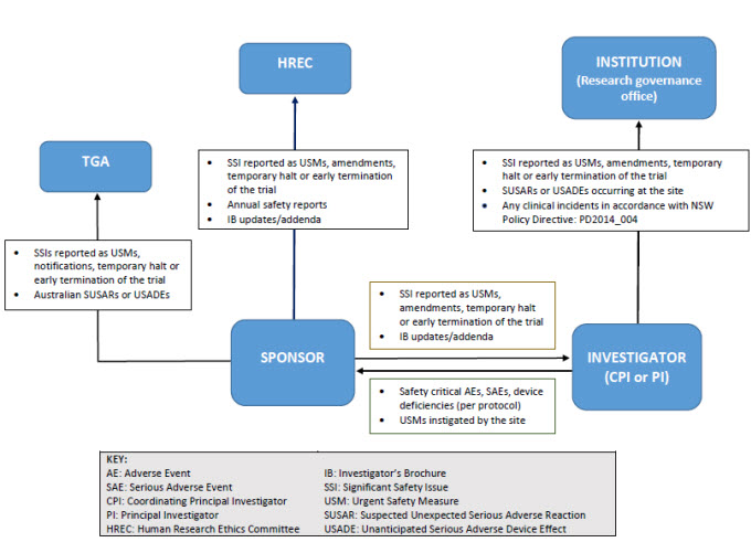 The safety reporting flowchart for therapeutic trials illustrates the safety reporting responsibilities of the Sponsor and the Investigator to the Institution, Human Research Ethics Committee and Therapeutic Goods Administration. The Investigators responsibilities are to report: • all safety critical Adverse Events, Significant Adverse Events, device deficiencies per protocol, and Urgent Safety Measures instigated by the site to the Sponsor; and • all Significant Safety Issues, Urgent Safety Measures, amendments, temporary halt or early termination of the trial, Suspected Unexpected Serious Adverse Reactions, Unanticipated Serious Adverse Device Effect occurring at the site, and any clinical incidents in accordance with NSW Health’s Policy Directive (PD2014_004), to the Institution (Research Governance Office). The Sponsor’s responsibilities are to report: • all Significant Safety Issues, Urgent Safety Measures, amendments, temporary halt or early termination of the trial, and Investigator’s Brochure updates to the Investigator; and • all Significant Safety Issues, Urgent Safety Measures, amendments, temporary halt or early termination of the trial, annual safety reports and Investigator’s Brochure updates to the Human Research Ethics Committee; and • all Significant Safety Issues, Urgent Safety Measures amendments, temporary halt or early termination of the trial and Suspected Unexpected Serious Adverse Reactions Unanticipated Serious Adverse Device Effect occurred in Australia to Therapeutic Goods Administration.