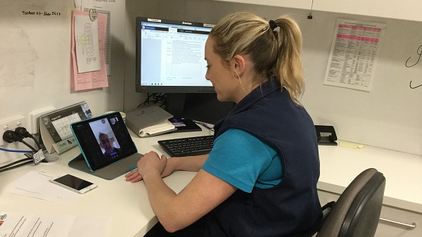 Shannon Pike, Senior Occupational Therapist of the Ambulatory Rehabilitation Service, Wagga Wagga Base Hospital, holds an online Skype session to support a stroke patient who had just returned home from hospital