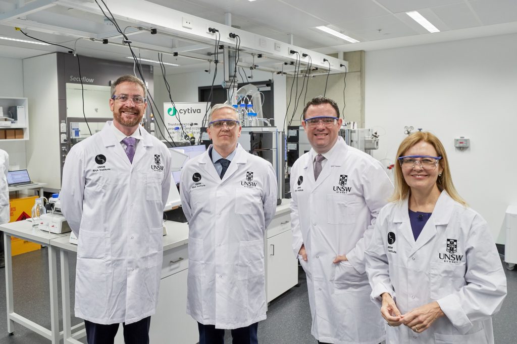 UNSW Vice-Chancellor and President, Professor Attila Brungs, UNSW RNA Institute director Pall Thordarson, NSW Minister for Enterprise, Investment and Trade Stuart Ayres and NSW MP Gabrielle Upton toured the labs which will conduct pilot scale trials for RNA therapeutics. Photo: UNSW
